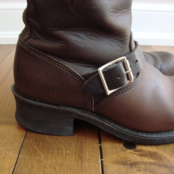 Frye Brown Leather Engineer Boot Booties Harness Moto Grunge Buckle Strap Size 8 - Picture 14 of 16